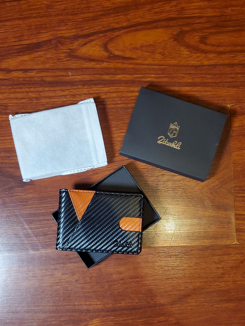 Unbranded Black Carbon-Style Card & Key Holder with Tan Accents